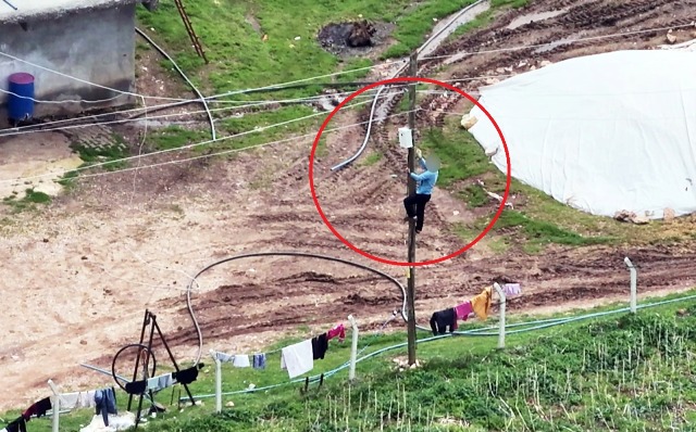 Dronu gören şahıs direğe tırmanıp kaçak hattı söktü